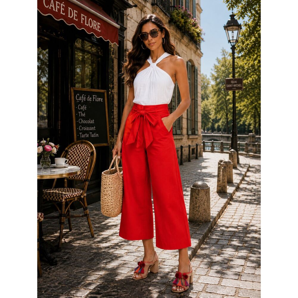 Kate Spade Slub Cotton Bow Tie Waist Culotte Pants Red Size 00 NWT - Picture 8 of 12